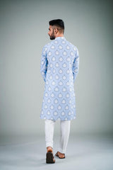 Men's Sky Blue Printed Cotton Kurta Pajama Set