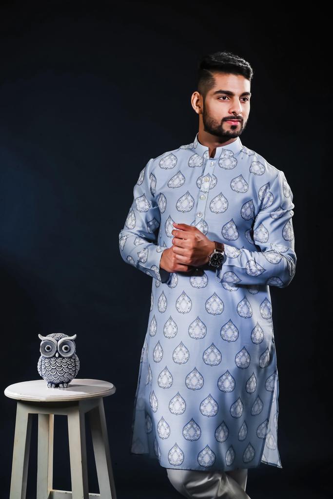 Men's Sky Blue Printed Cotton Kurta Pajama Set