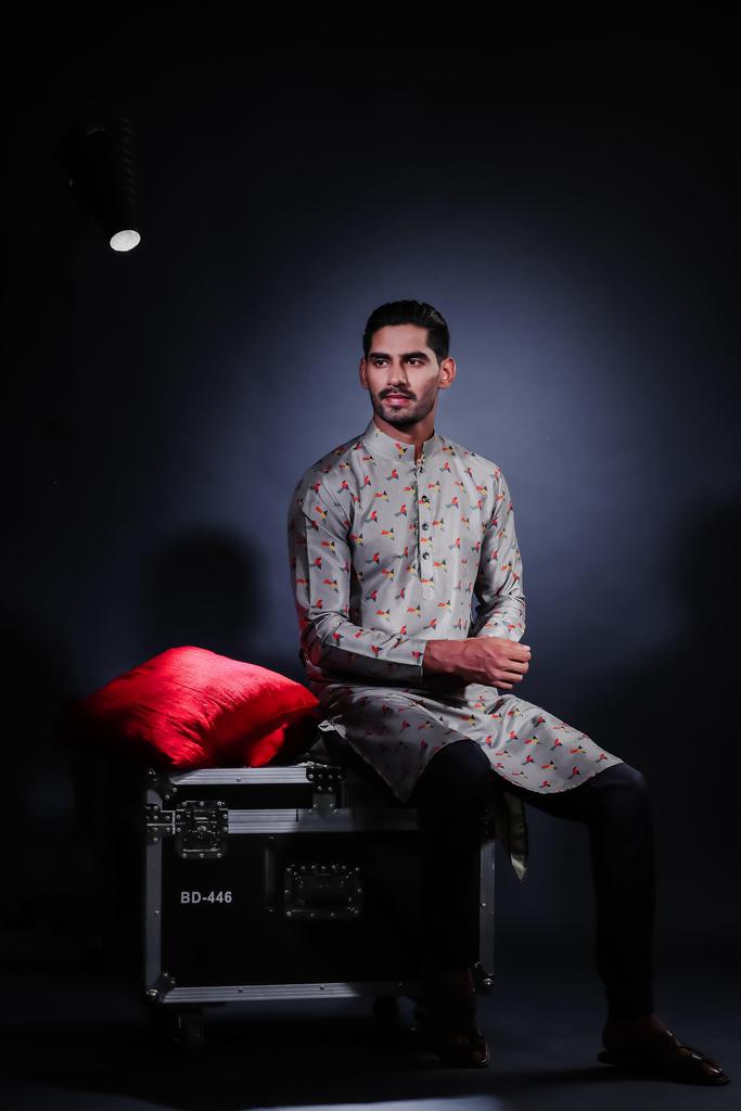 Men's Grey Printed Cotton Kurta Pajama Set