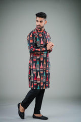 Men's Black Printed Cotton Kurta Pajama Set