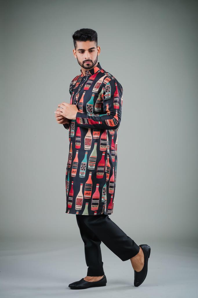 Men's Black Printed Cotton Kurta Pajama Set