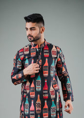 Men's Black Printed Cotton Kurta Pajama Set