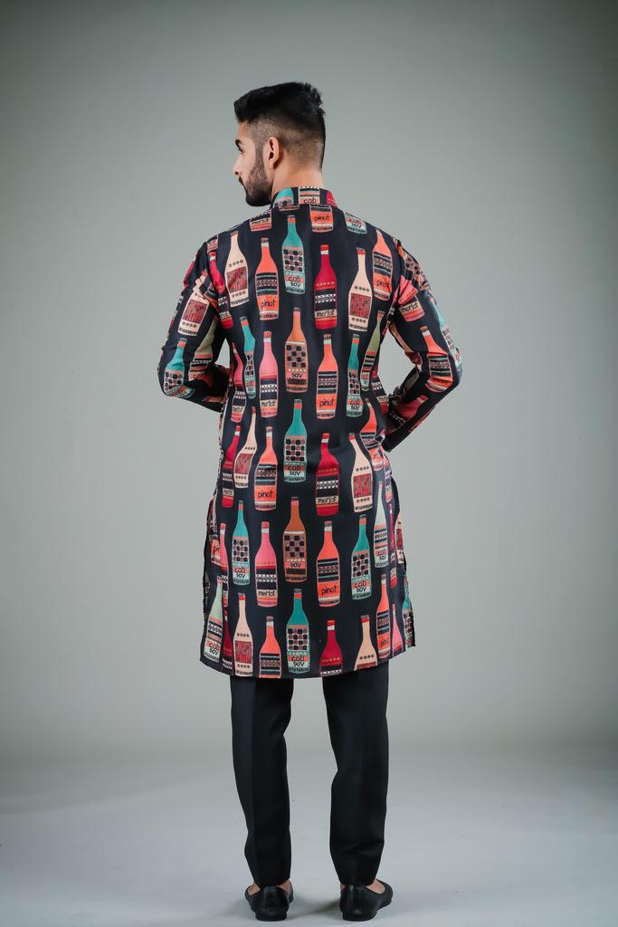 Men's Black Printed Cotton Kurta Pajama Set