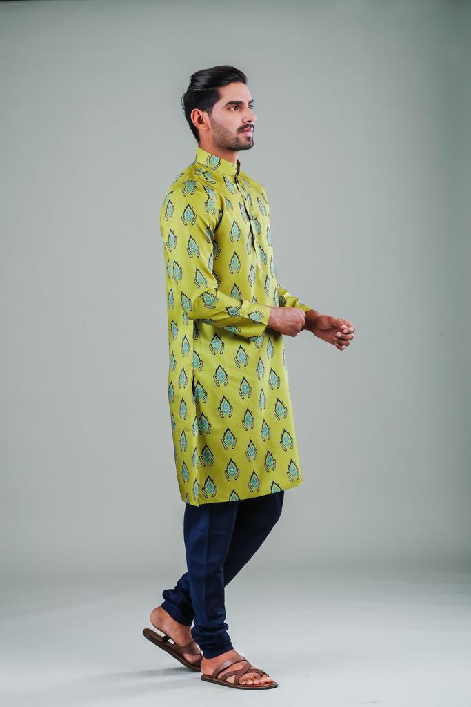 Men's Green Solid Tunic Cotton Kurta Pajama Set