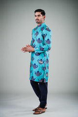 Men's Turquoise Solid Cotton Kurta Pajama Set