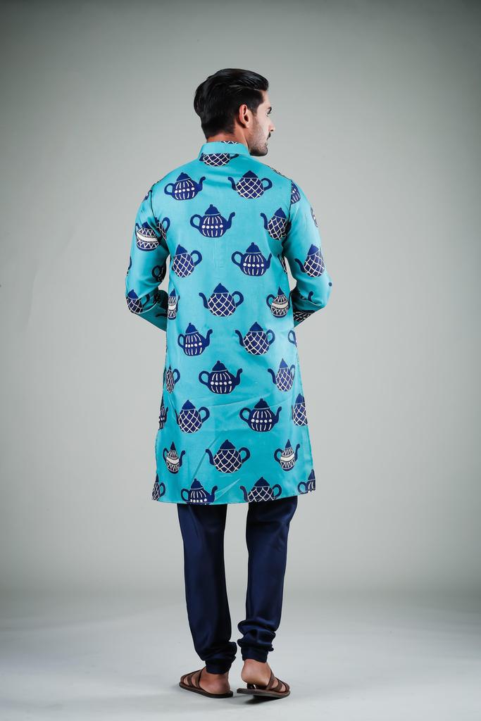 Men's Turquoise Solid Cotton Kurta Pajama Set