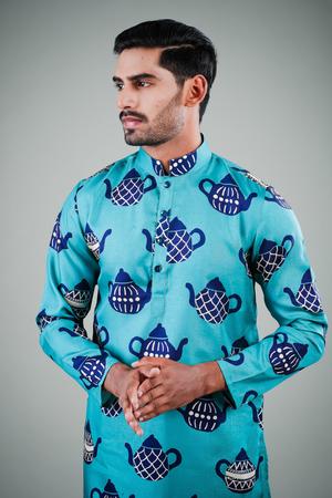 Men's Turquoise Solid Cotton Kurta Pajama Set