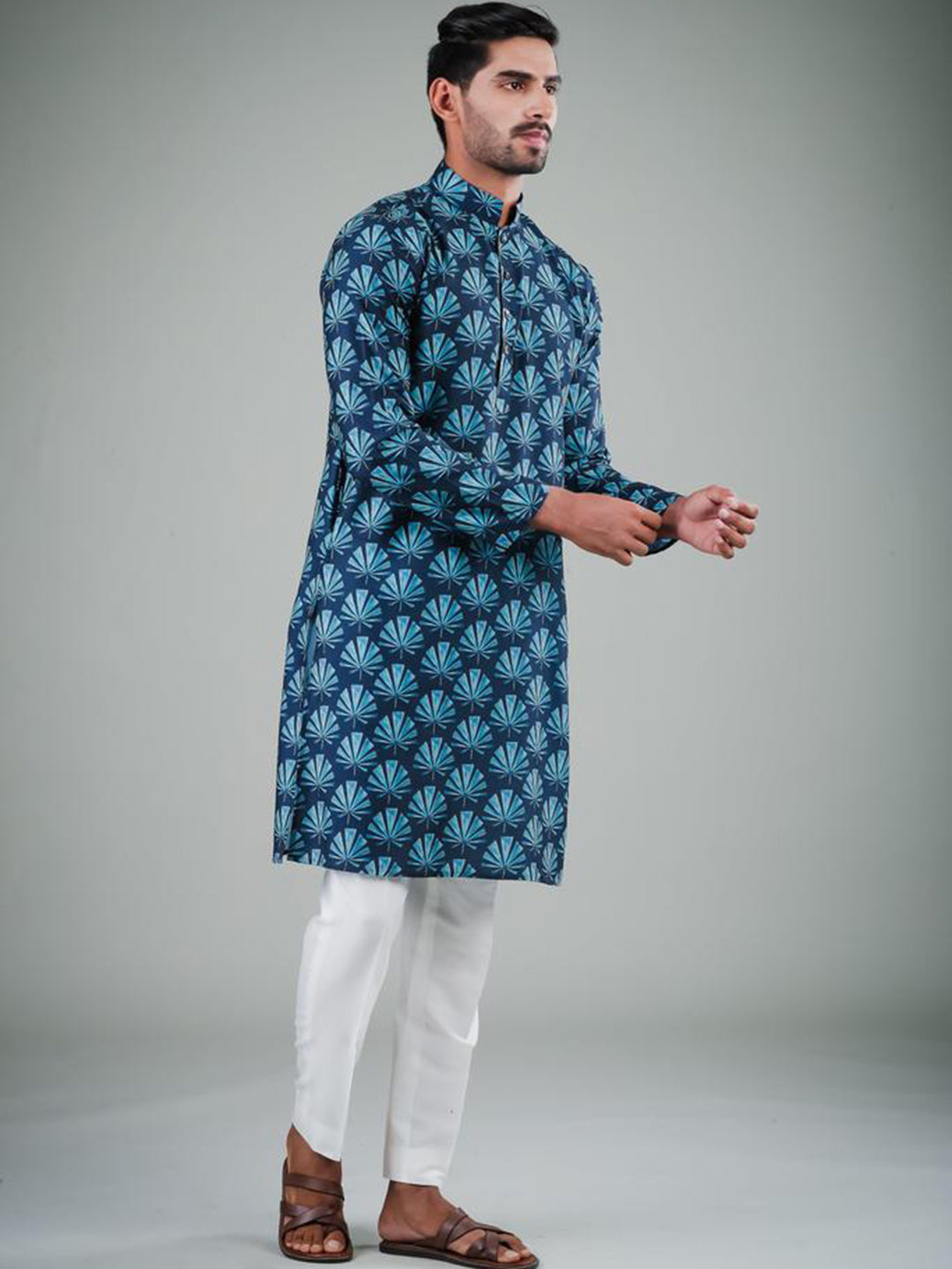 Men's Navy Blue Solid Tunic Cotton Kurta Pajama Set