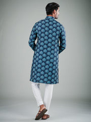 Men's Navy Blue Solid Tunic Cotton Kurta Pajama Set