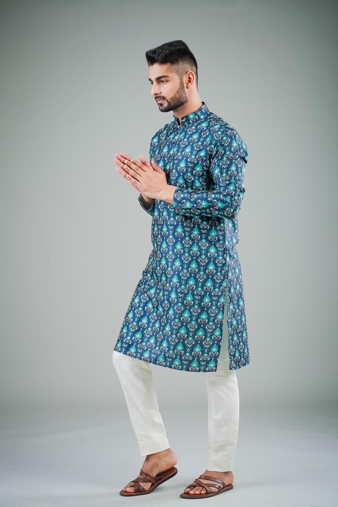 Men's Navy Blue Solid Tunic Cotton Kurta Pajama Set