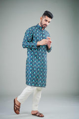 Men's Navy Blue Solid Tunic Cotton Kurta Pajama Set