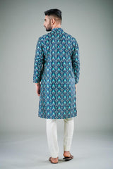 Men's Navy Blue Solid Tunic Cotton Kurta Pajama Set