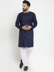 Men's Navy Blue Solid Cotton Kurta Pajama Set