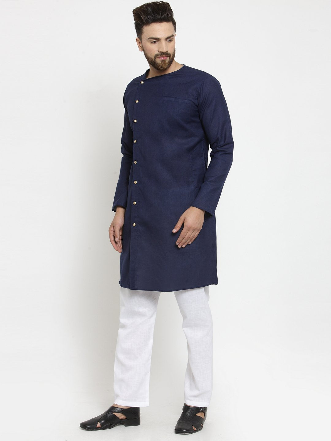 Men's Navy Blue Solid Cotton Kurta Pajama Set