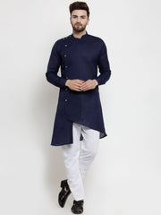 Men's Navy Blue Solid Tunic Cotton Kurta Pajama Set