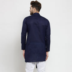 Men's Navy Blue Solid Tunic Cotton Kurta Pajama Set