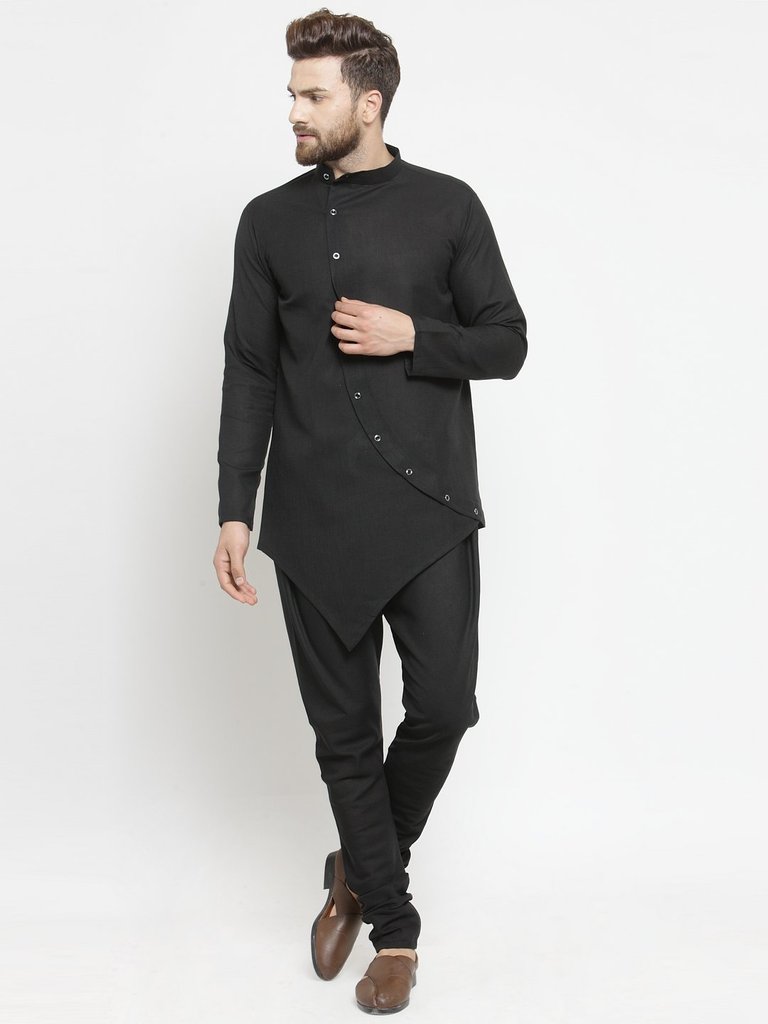 Men's Black Solid Tunic Cotton Kurta Pajama Set