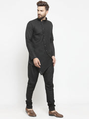 Men's Black Solid Tunic Cotton Kurta Pajama Set