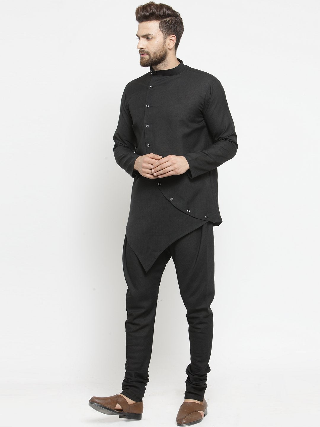 Men's Black Solid Tunic Cotton Kurta Pajama Set