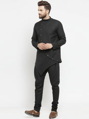 Men's Black Solid Tunic Cotton Kurta Pajama Set