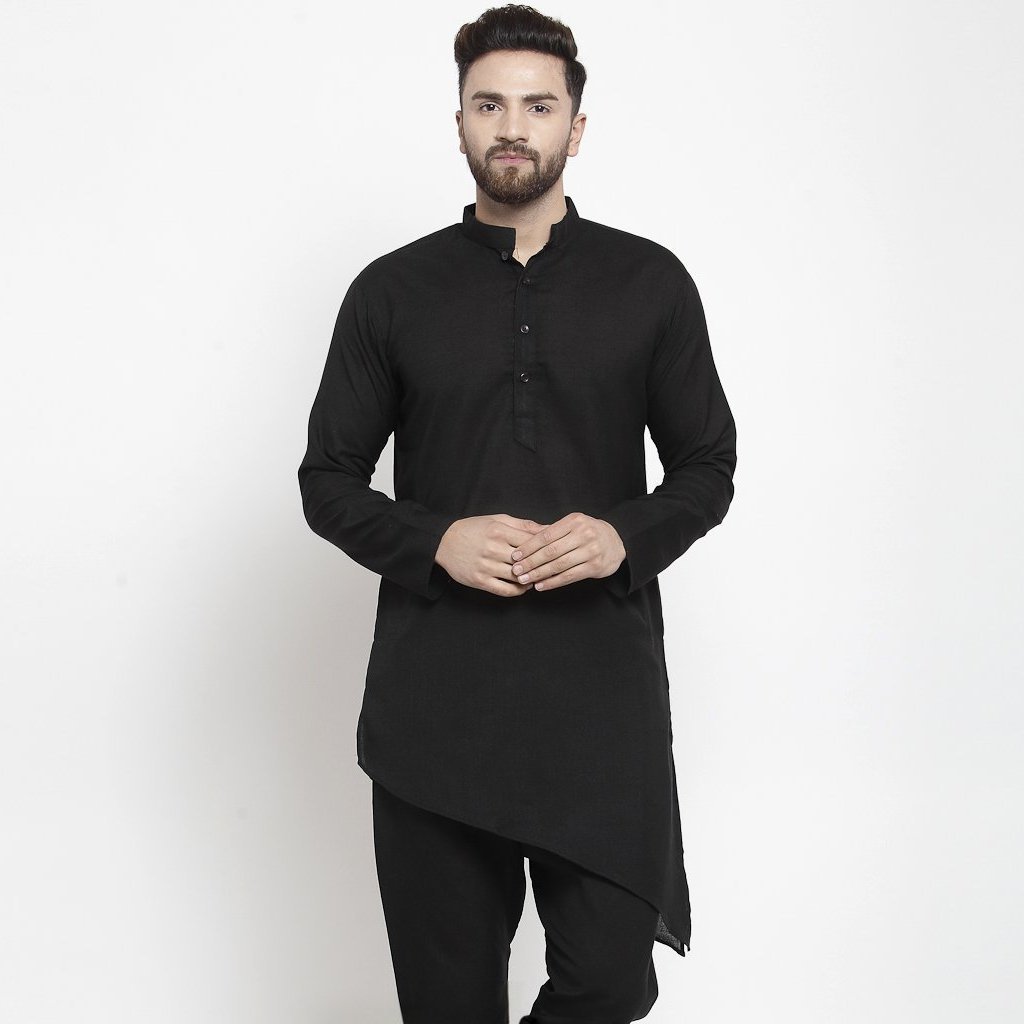 Men's Black Solid Tunic Cotton Kurta Pajama Set