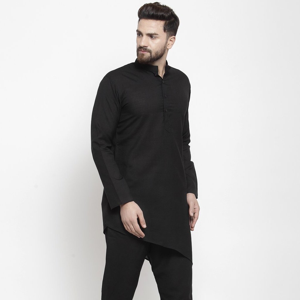 Men's Black Solid Tunic Cotton Kurta Pajama Set