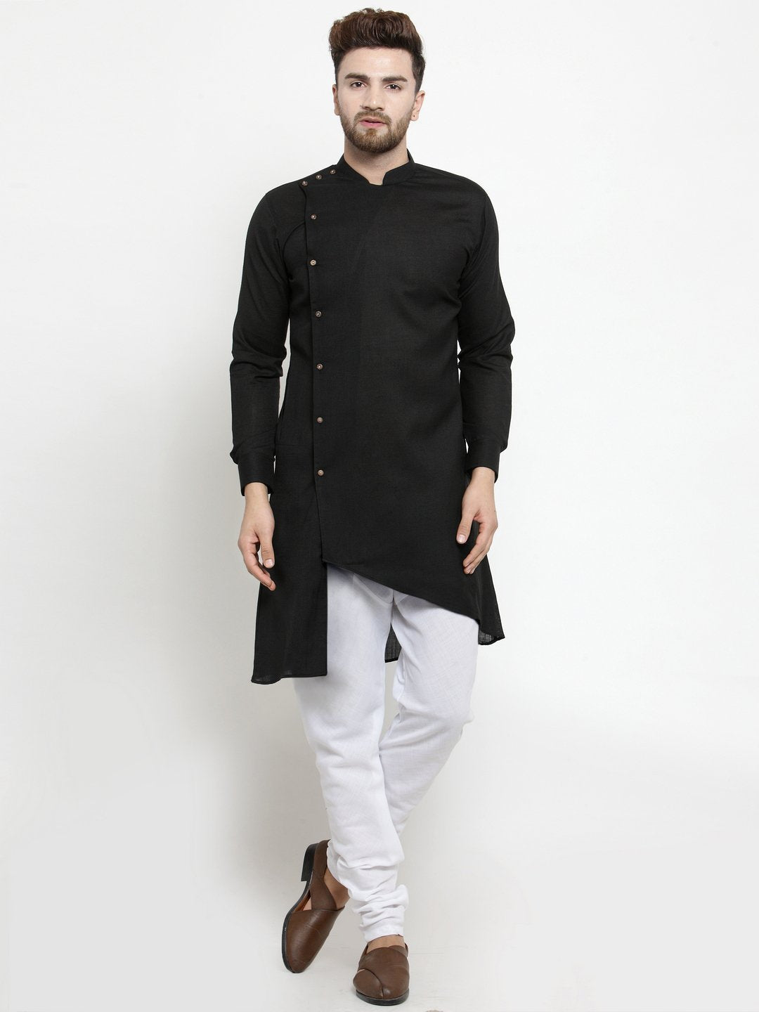 Men's Black Solid Side Button Cotton Kurta Pajama Set