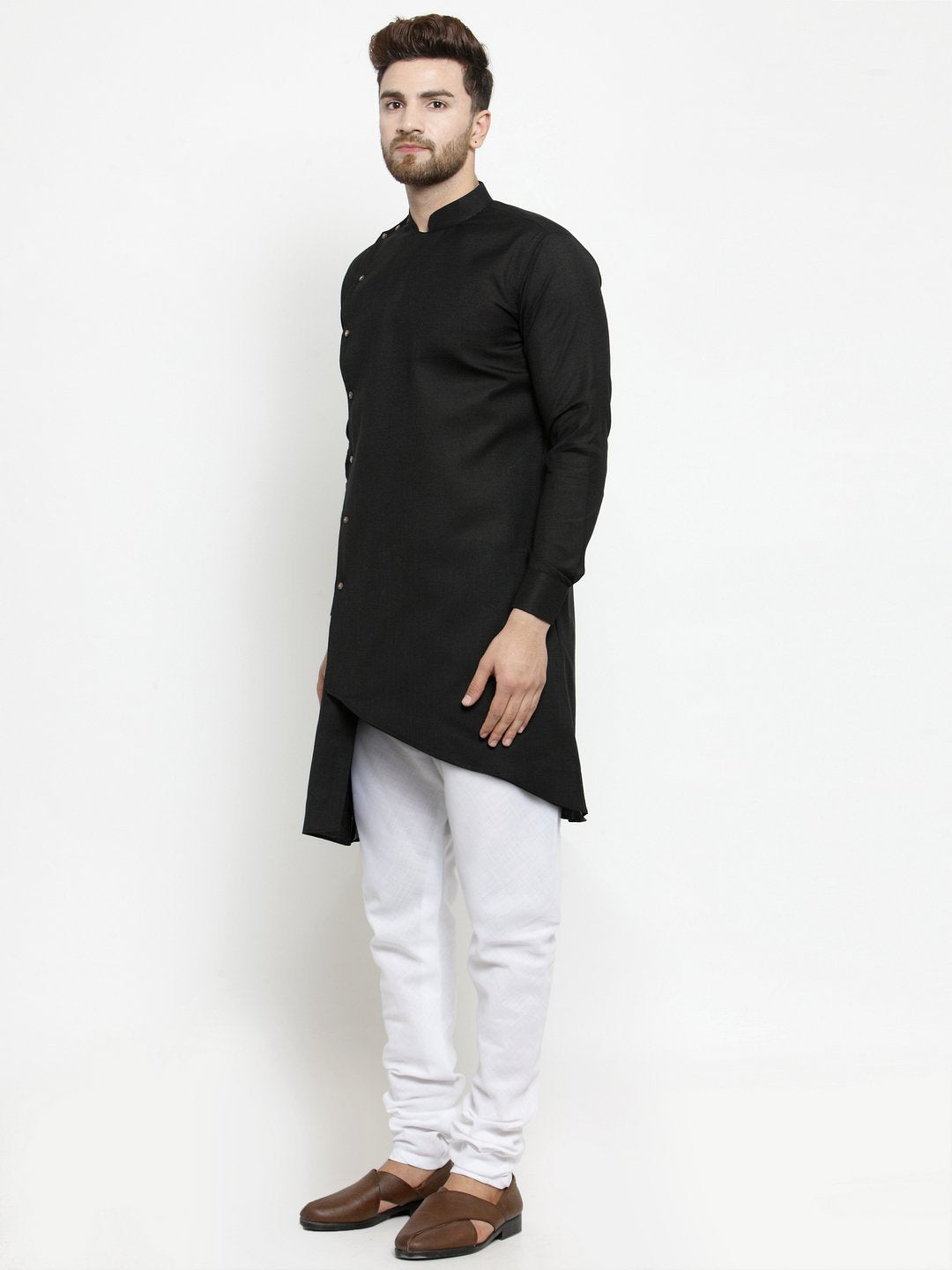 Men's Black Solid Side Button Cotton Kurta Pajama Set