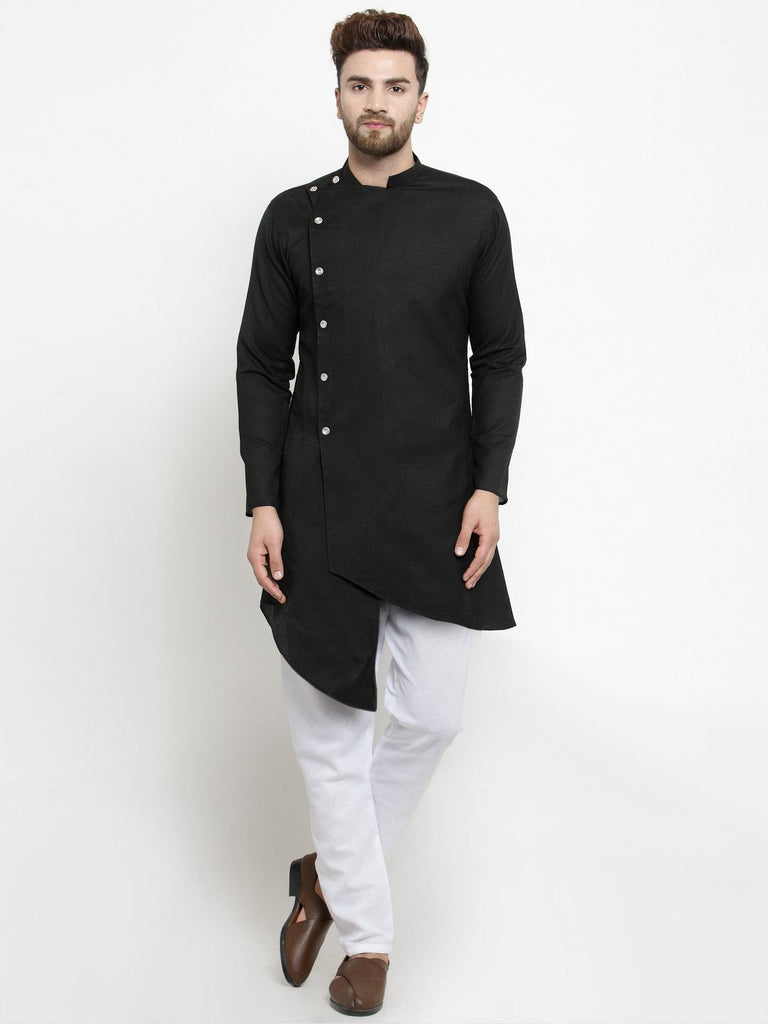 Men's Black Color Indian Traditional Wear Tunic Cotton Kurta Pajama Set