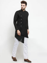 Men's Black Solid Side Button Cotton Kurta Pajama Set