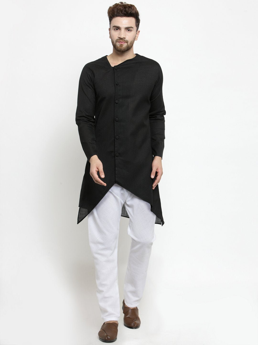 Men's Black Solid Tunic Cotton Kurta Pajama Set