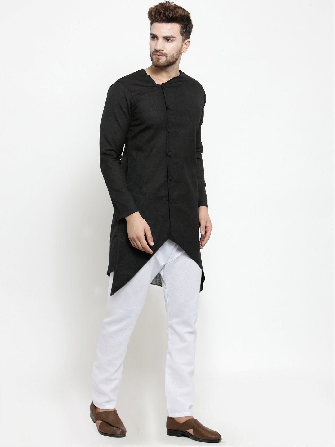 Men's Black Solid Tunic Cotton Kurta Pajama Set