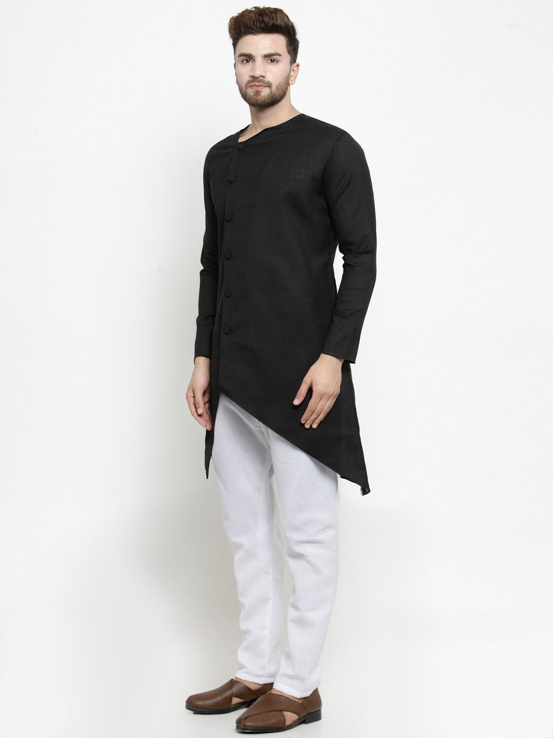 Men's Black Solid Tunic Cotton Kurta Pajama Set