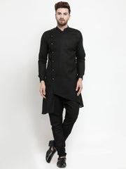 Men's Black Solid Side Button Cotton Kurta Pajama Set