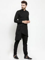 Men's Black Solid Side Button Cotton Kurta Pajama Set