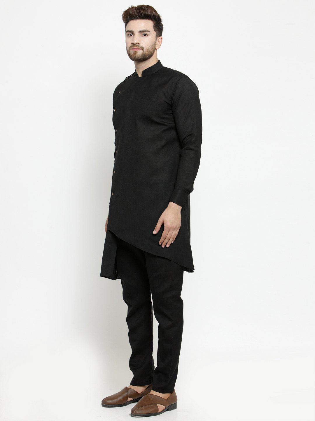 Men's Black Solid Side Button Cotton Kurta Pajama Set