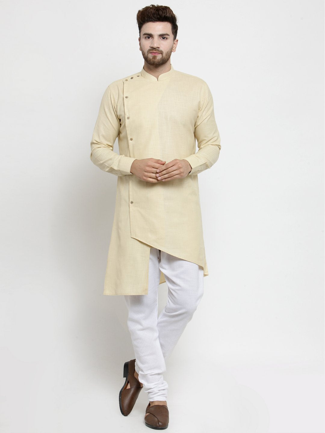 Ensemble pyjama Kurta en coton beige uni pour homme