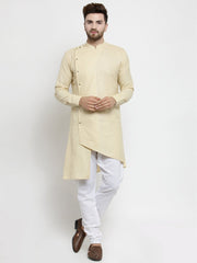 Men's Beige Solid Tunic Cotton Kurta Pajama Set