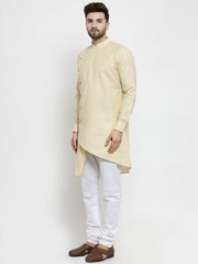 Men's Beige Solid Tunic Cotton Kurta Pajama Set