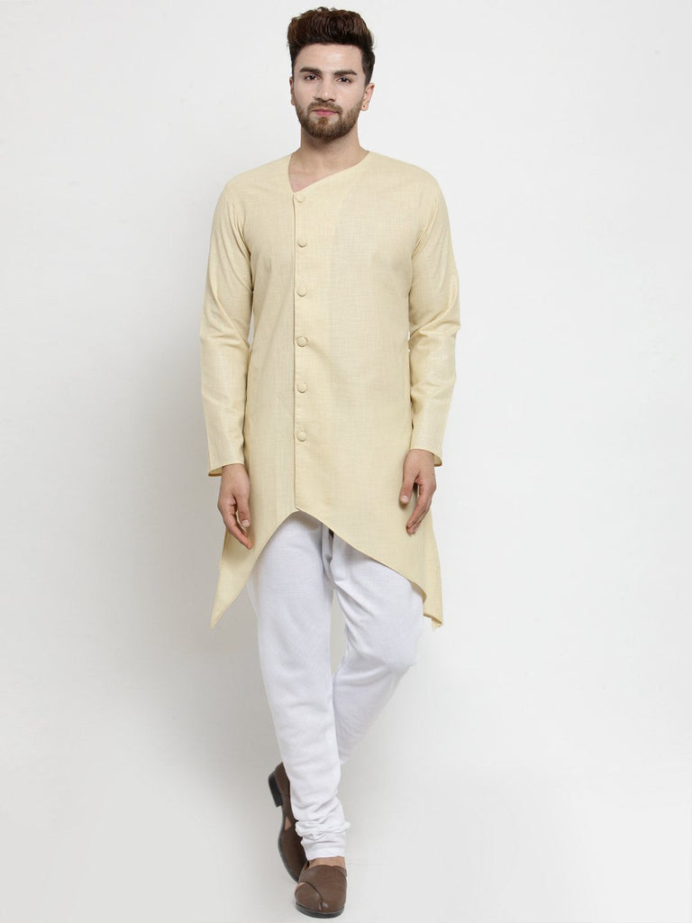 Men's Beige Color Indian Traditional Wear Tunic Cotton Kurta Pajama Set