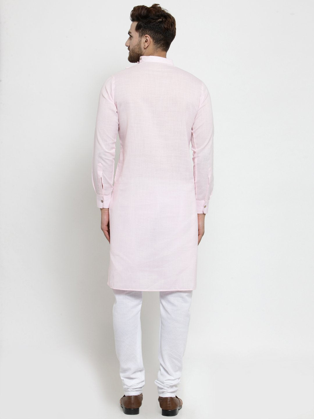 Men's Light Pink Solid Tunic Cotton Kurta Pajama Set