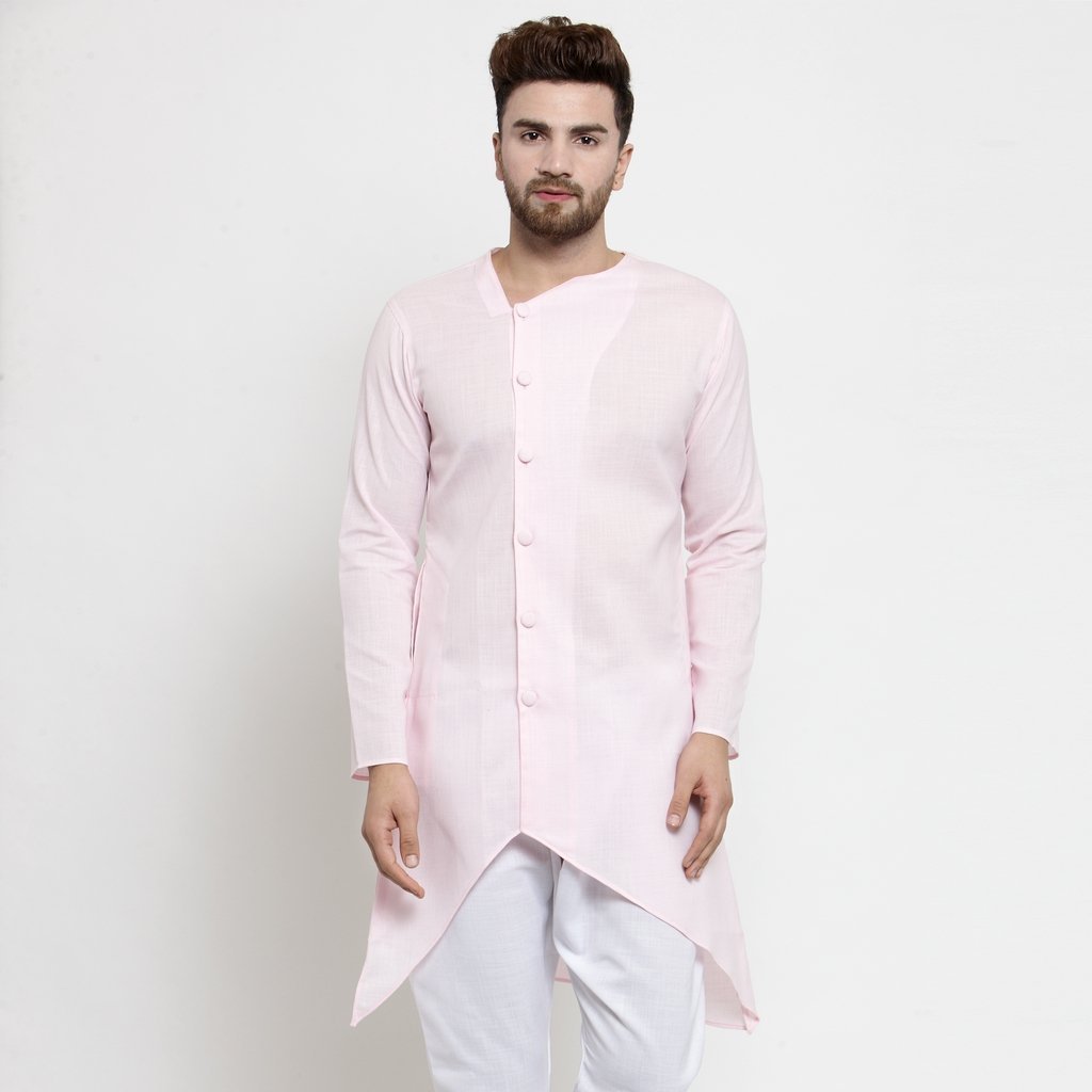 Men's Light Pink Tunic Solid Cotton Kurta Pajama Set