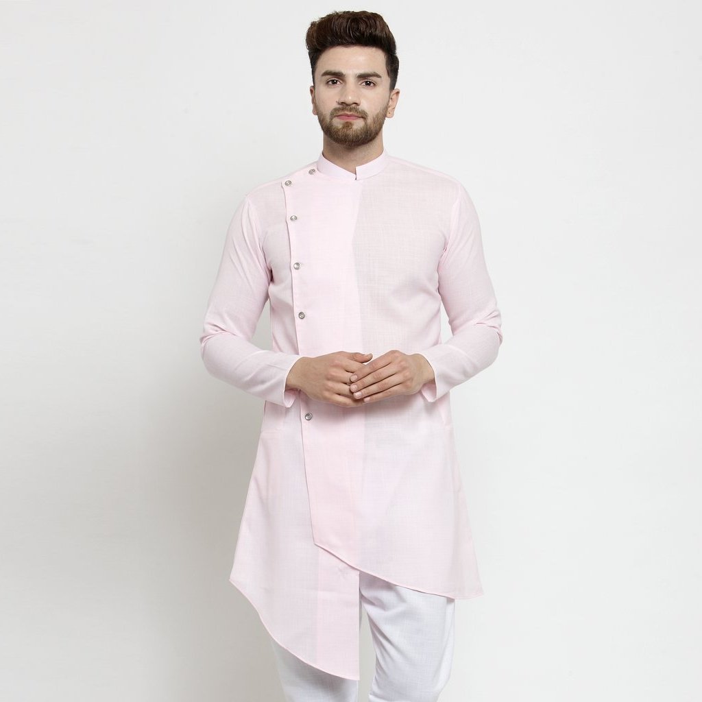 Light Pink Solid Cotton Kurta Pajama Set For Men