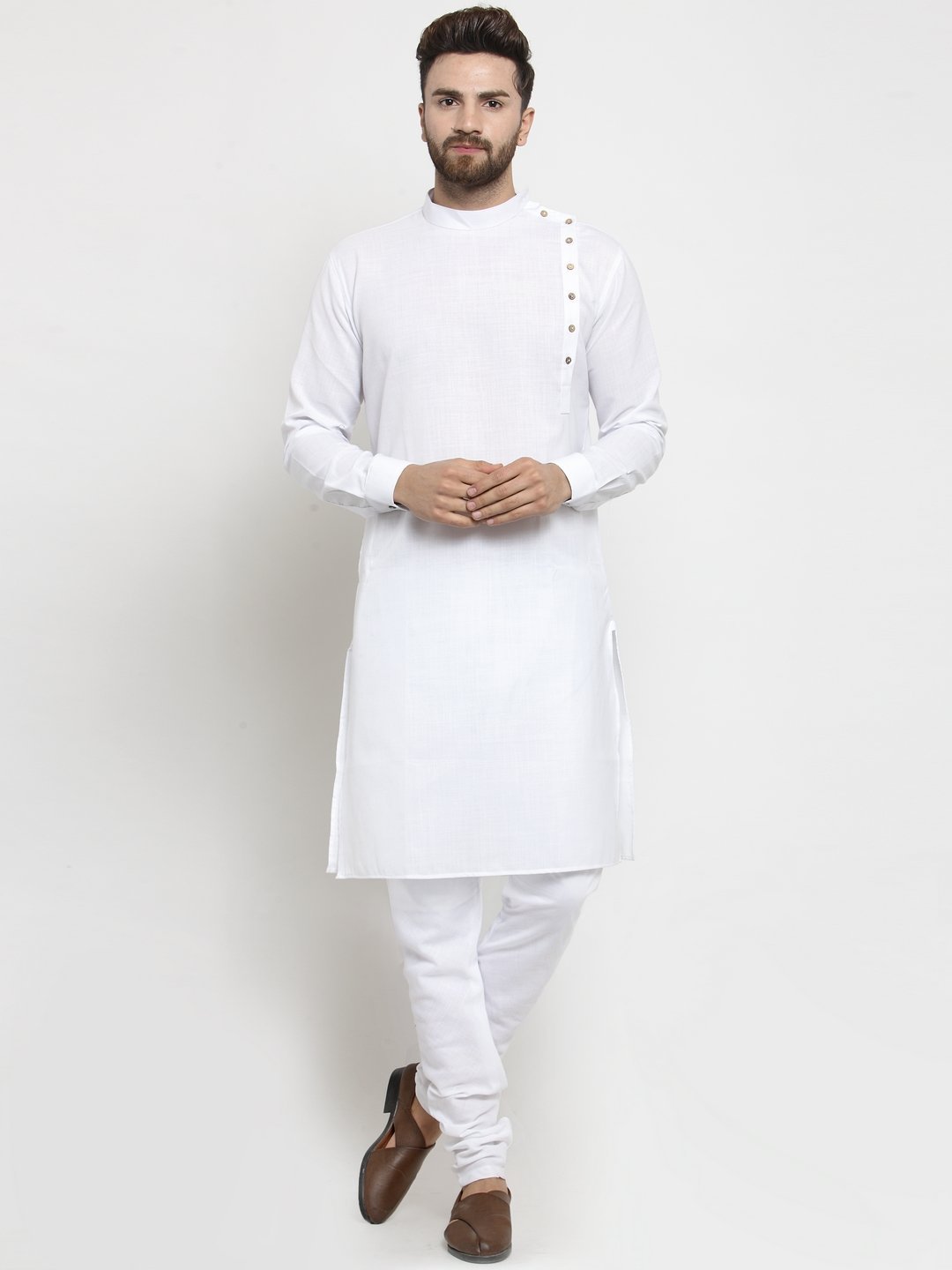 White Tunic Cotton Solid Kurta Pajama Set For Men