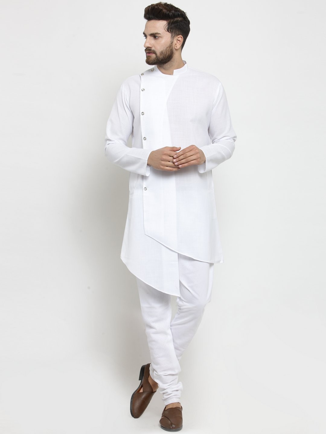 Men's White Tunic Cotton Solid Kurta Pajama Set