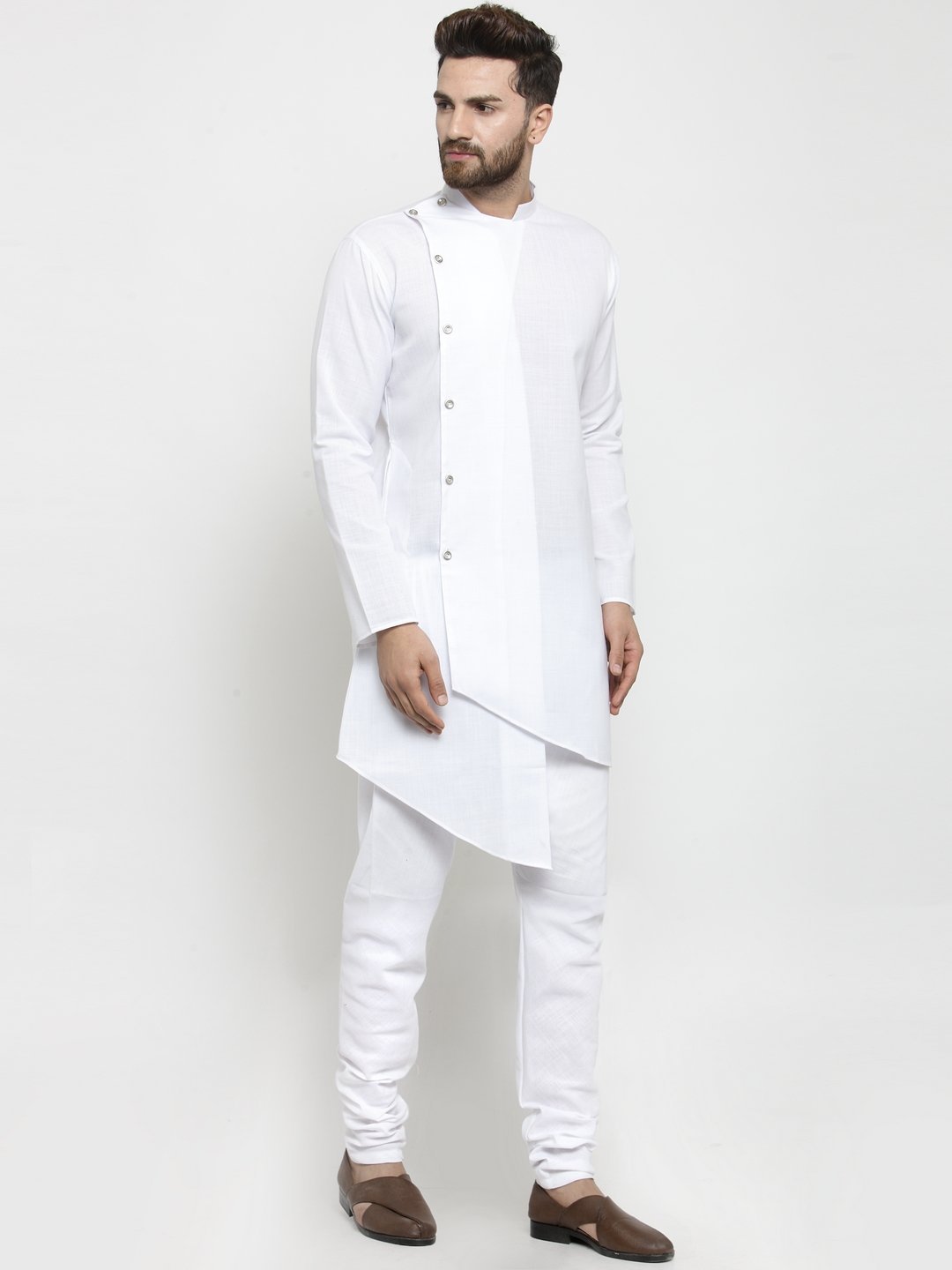 Men's White Tunic Cotton Solid Kurta Pajama Set