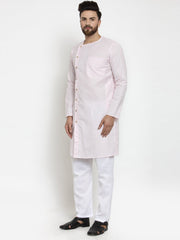 Men's Light Pink Solid Cotton Kurta Pajama Set