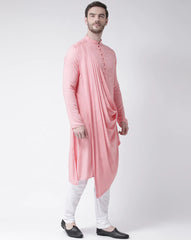 Men's Pink Solid Cowl Neck Cotton Kurta Pajama Set