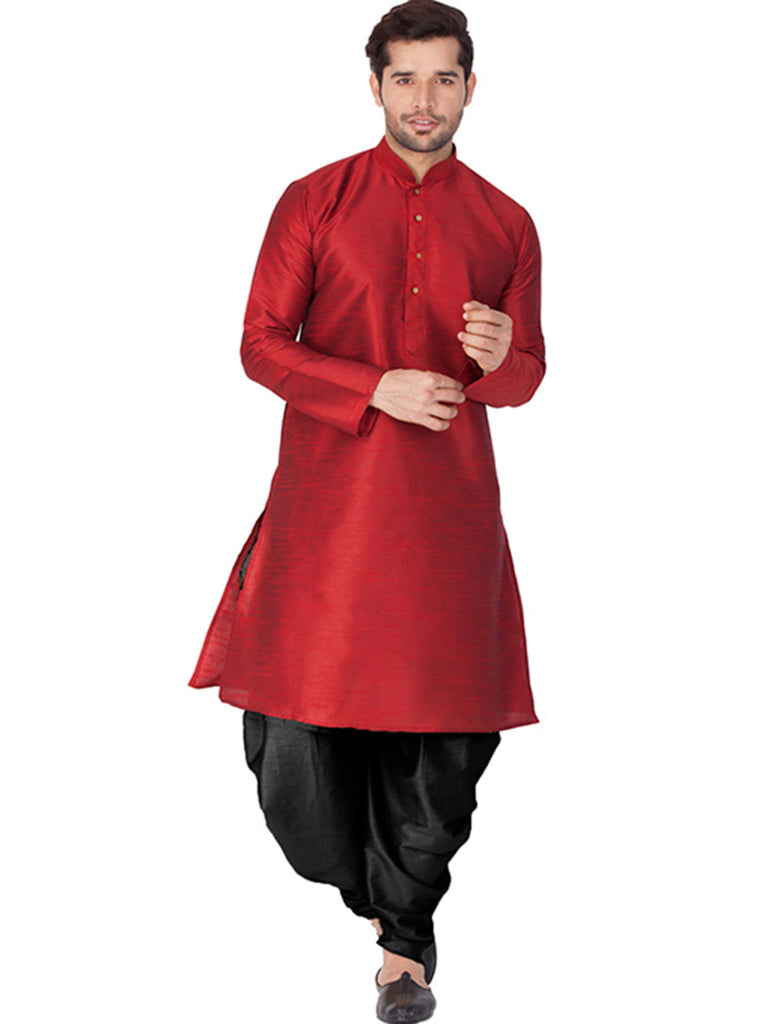 Men's Maroon Color Indian Traditional Wear Tunic Cotton Kurta Pajama Set