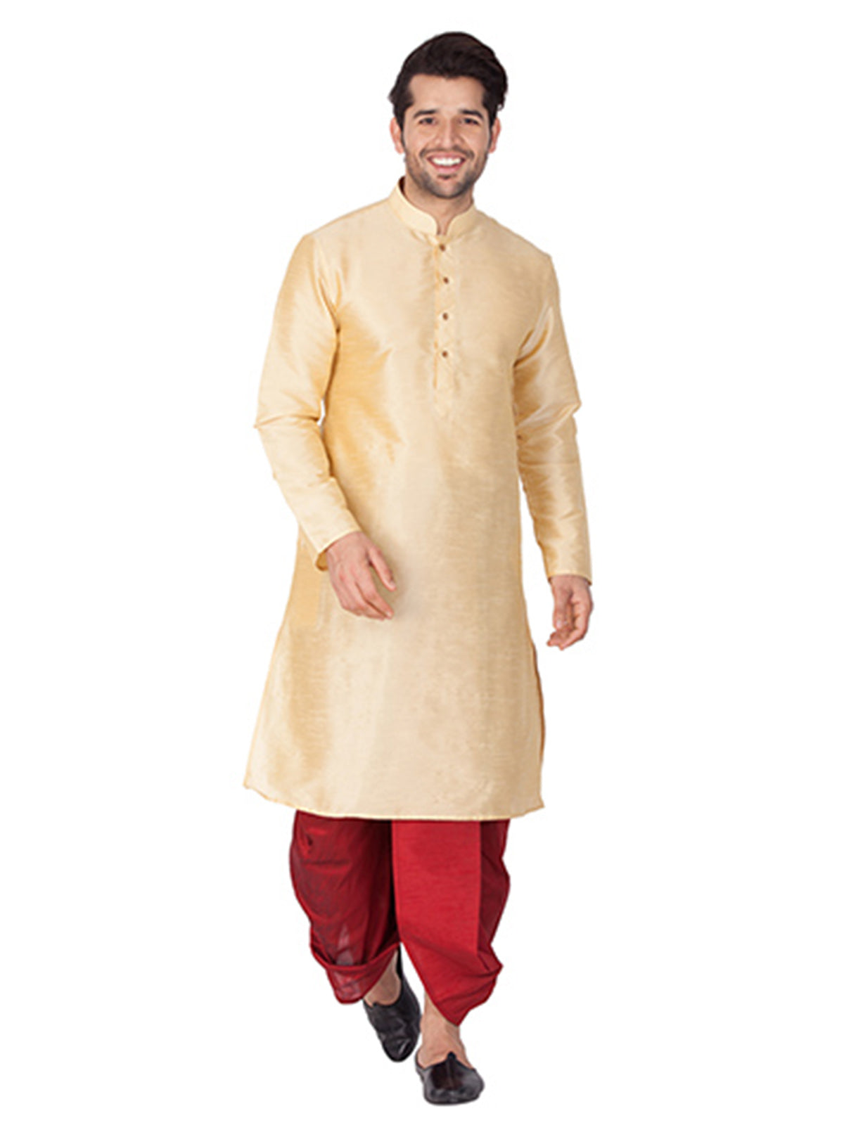 Ensemble pyjama Kurta en soie de Bangalori unie beige pour homme